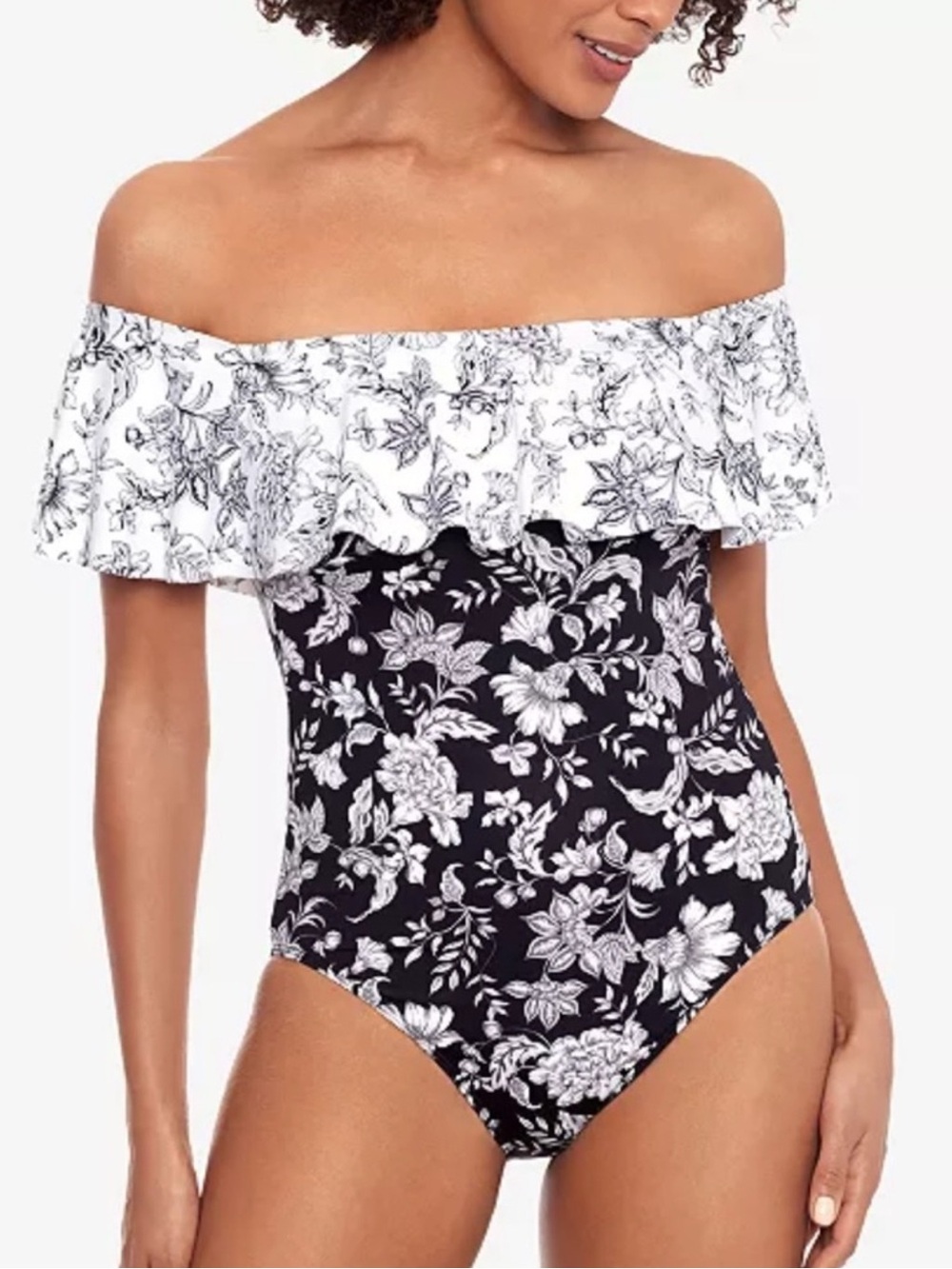 Ralph Lauren Off-Shoulder Black & White Floral One-Piece Swimsuit